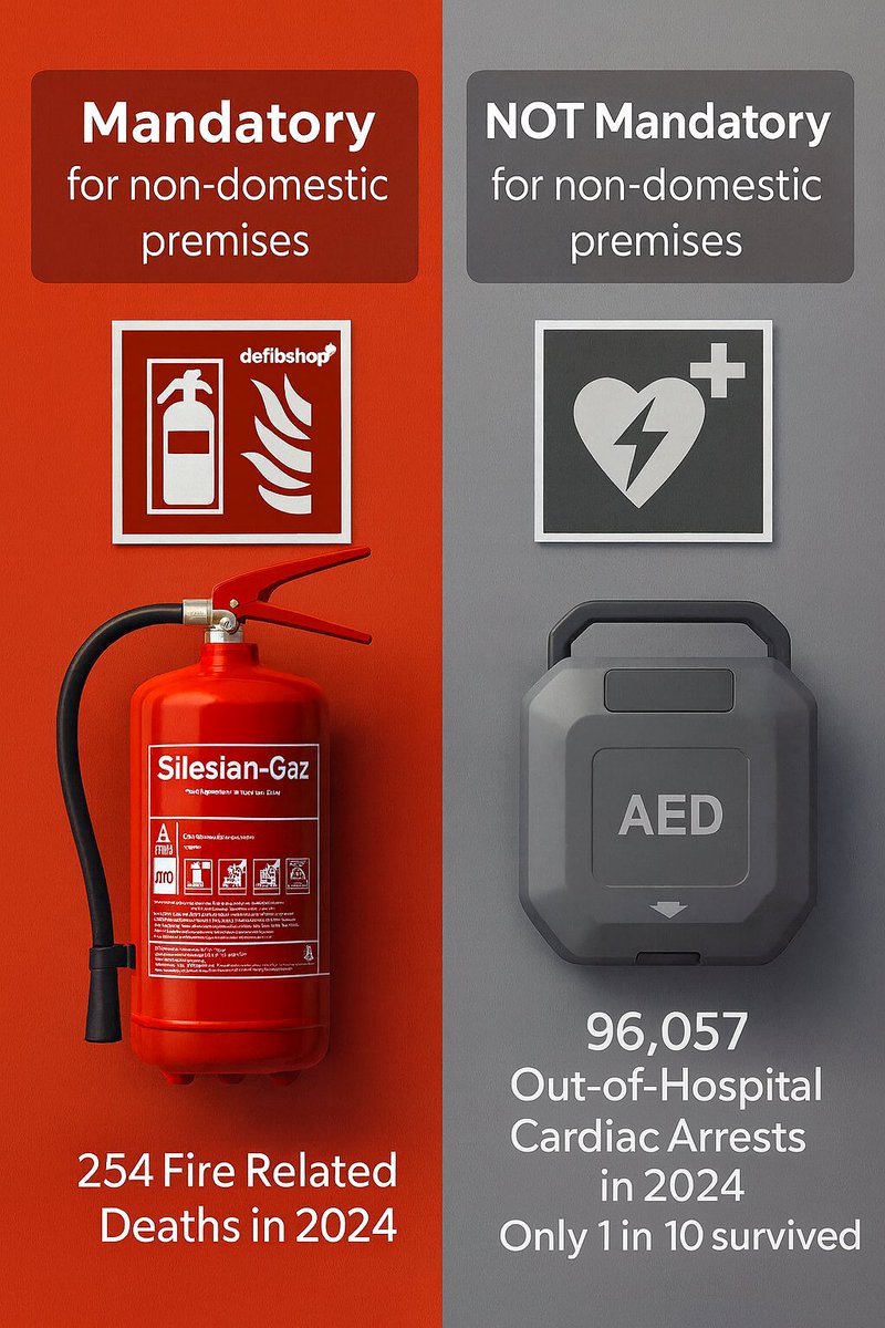 🔥 Fire Extinguishers: Mandatory.
❤️⚡ #Defibrillators: Optional… but life-saving..

Fire safety matters — but so does cardiac safety.
If we’re serious about protecting lives, AEDs should be as common as extinguishers.

Is your workplace prepared? hubs.li/Q03VBZV40