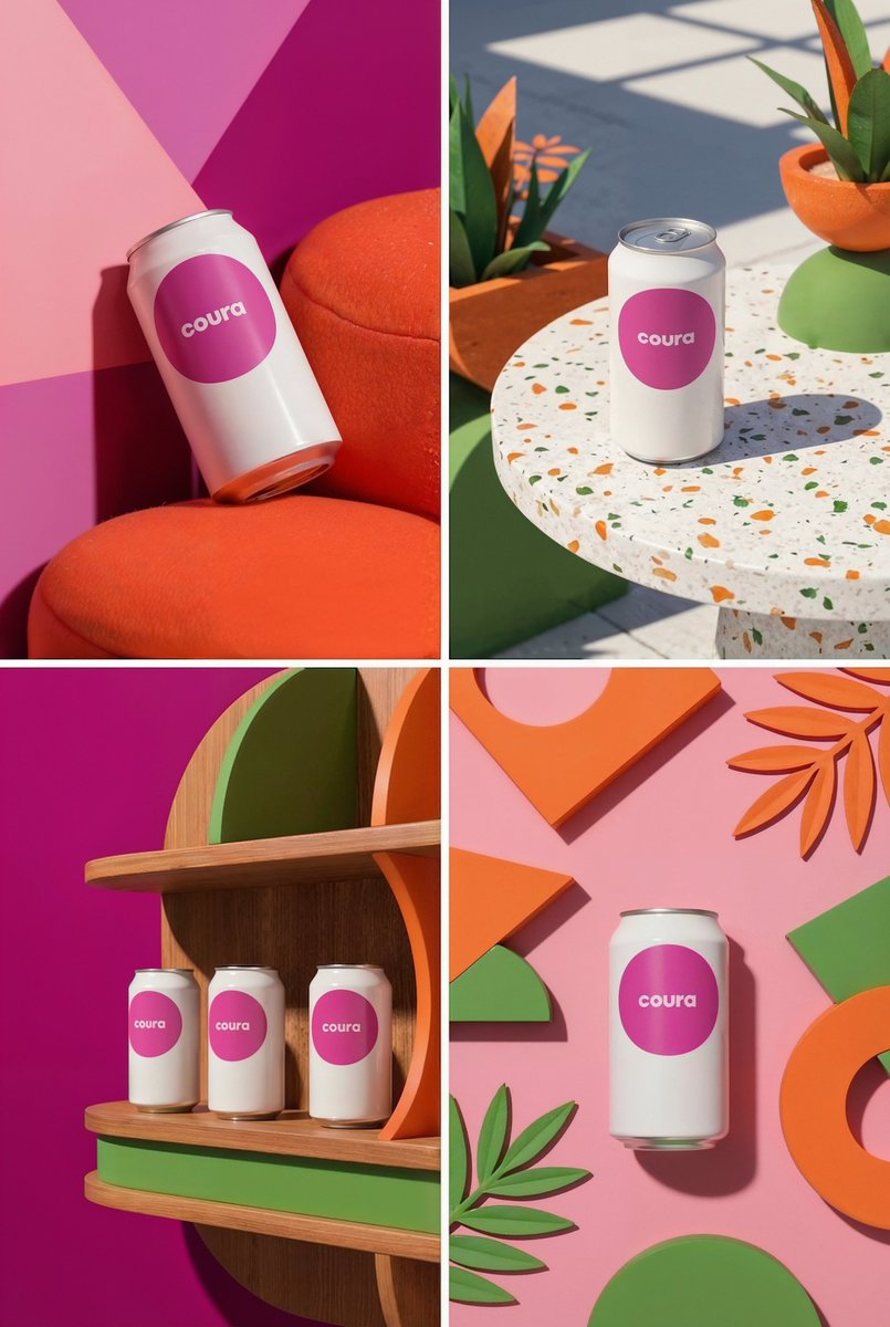 gizakdag's tweet image. Mockup Prompt for Nano Banana Pro:

Use the attached image as an aesthetic reference. Create 4 different can mockups in the same style, but placed in different environments and shown from different angles.