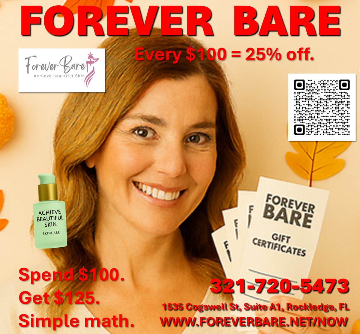 ab_skin's tweet image. This holiday season, your dollars go further! Buy a $100 gift certificate &amp;amp; get a FREE $25 ‘Forever Bare’ certificate. That’s like saving 25% per $100 U spend — 4 every visit. Share or keep the glow 4 yourself!
#GlowMath #HappySkinSeason #CocoaBeachSpa #GlowUpSeason