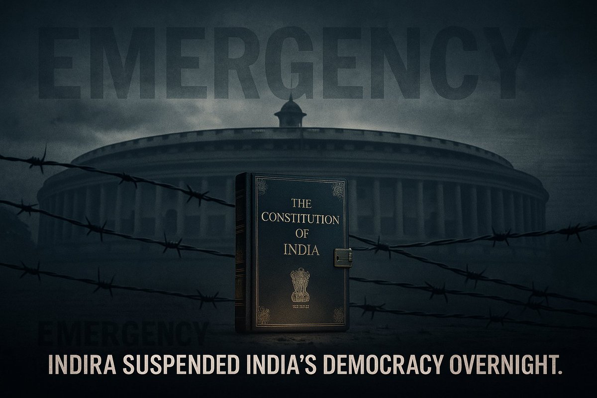HemanNamo's tweet image. 🧵 1/5 — The Original Assault on the Constitution

The loudest “Save the Constitution” warriors hide one fact:
Indira Gandhi imposed the only real dictatorship India has ever seen.

Fundamental Rights suspended.
Press freedom abolished.
Opposition jailed.
Judiciary threatened.…