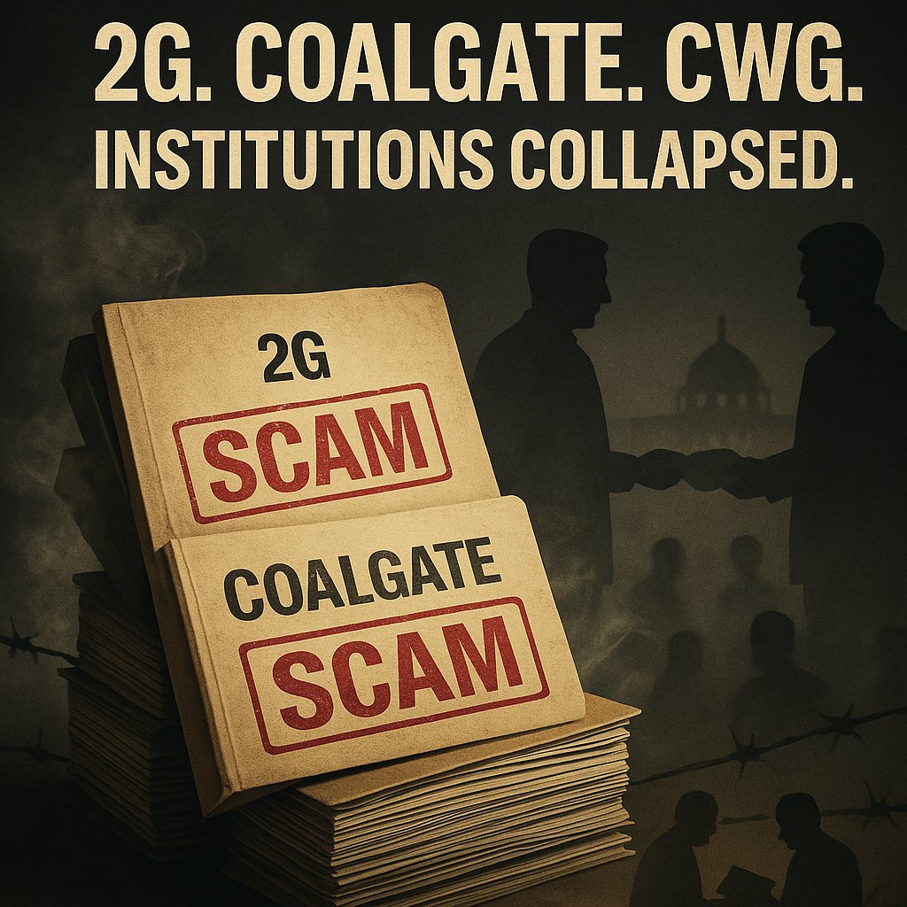 HemanNamo's tweet image. 4/5 — Scams, Cronyism, Paralysis: Institutional Rot

2G. Coalgate. CWG.
Every scam hollowed out institutions Ambedkar built.

Regulators weakened.
Oversight bodies compromised.
Policy made in backrooms.

When corruption becomes your OS, the Constitution becomes just a prop to…