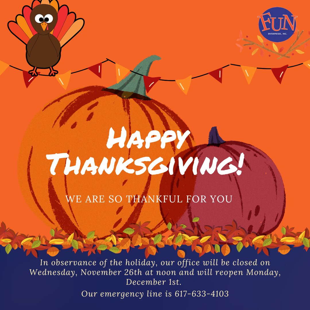 FunEnterprises's tweet image. Happy Thanksgiving Everyone!  Enjoy your day with family and friends.
#WeBringTheFUN
#FUNOnCampus
#FUNTimes