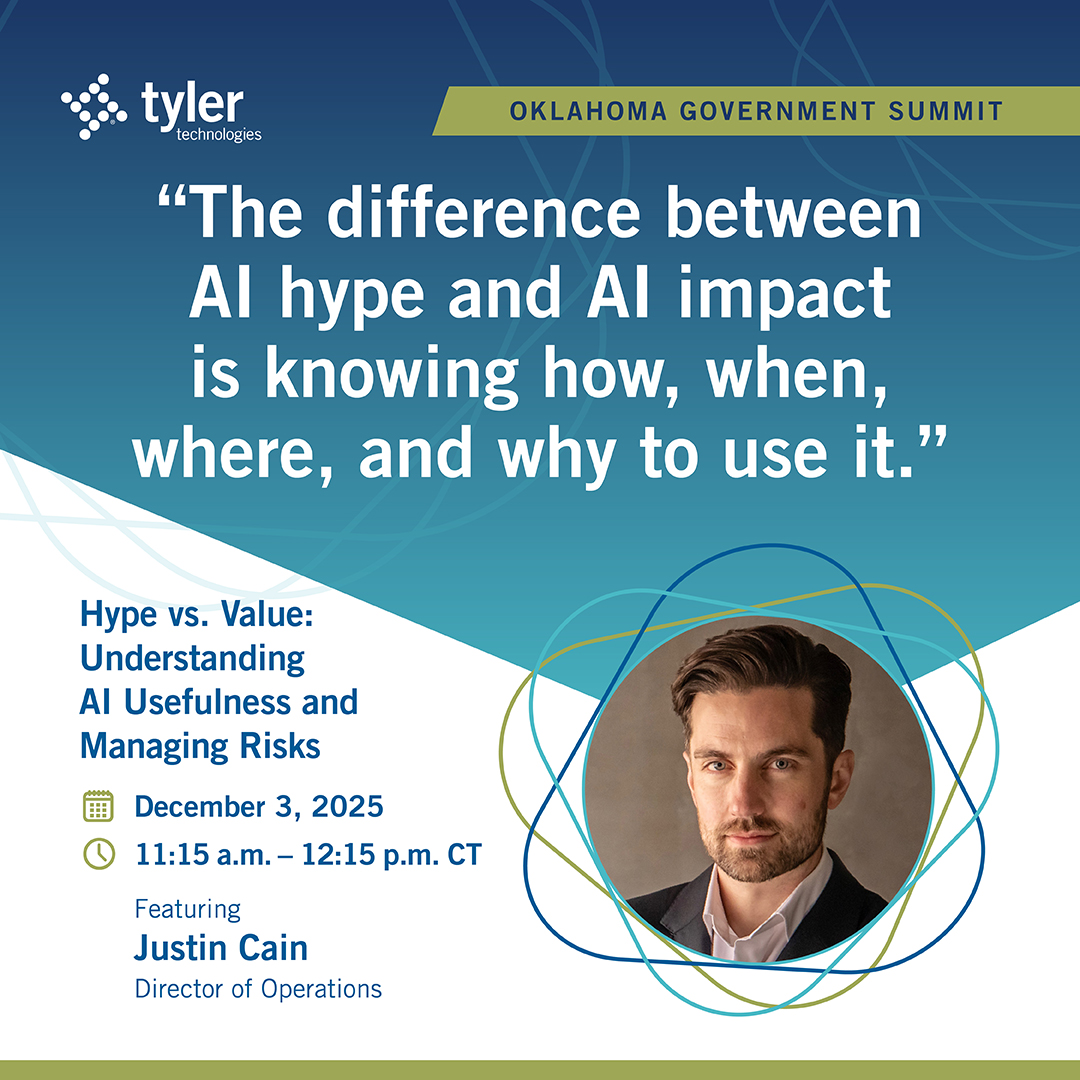 tylertech's tweet image. Tyler’s director of operations, Justin Cain, joins thought leaders to explore how agencies can separate AI hype from real-world value — and manage the risks that come with emerging technology.

#GovTech #AIinGovernment #OKGovSummit