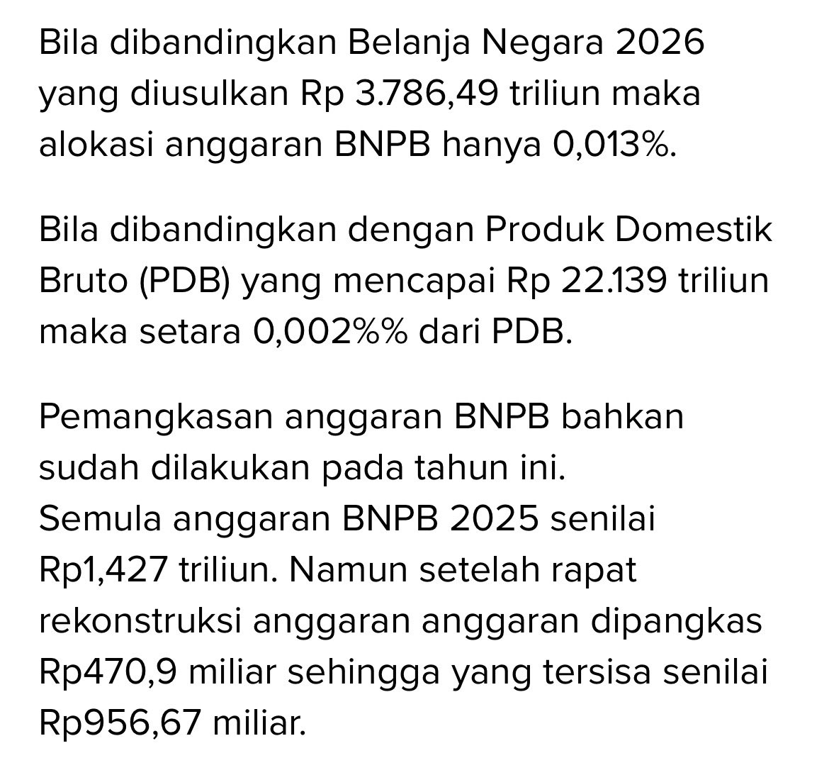 saturngguk's tweet image. Fyi, anggaran bencana kita dipangkas sama pemerintah, dan totalnya sekarang malah lebih rendah daripada anggaran MBG untuk 2026. It honestly doesn’t make sense, kita negara yang rawan banjir, longsor, dan gempa, tapi budget penanganannya justru ditekan. That’s literally the…