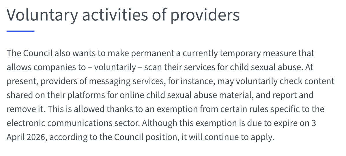 TijlDeBie's tweet image. Het aangenomen voorstel maakt #VoluntaryChatControl permanent. Dat is een (tot nog toe) tijdelijke regulering die aanbieders van berichtendiensten toelaat (niet verplicht) om al uw berichten te scannen, ondanks het feit dat dit in strijd is met andere privacy-regelgeving.

2/5