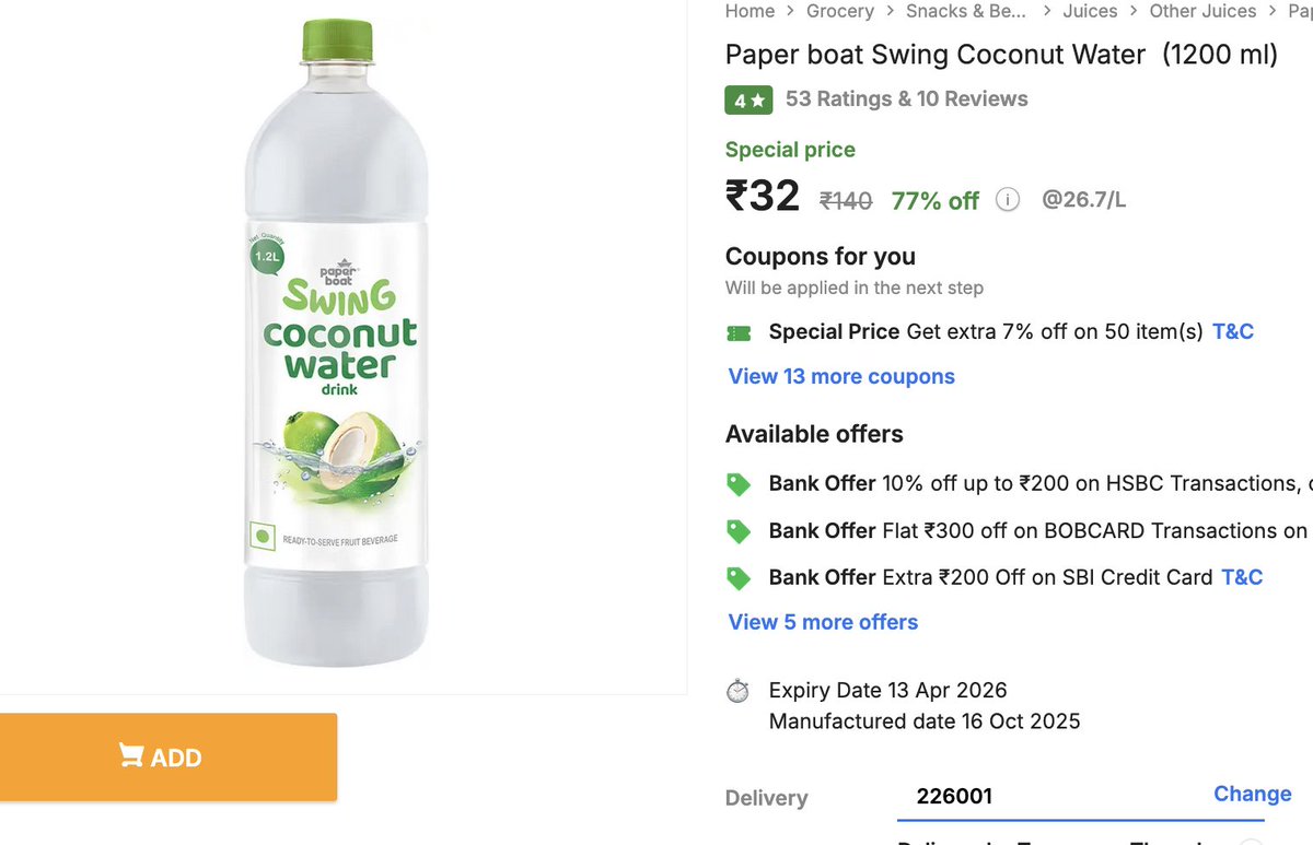 DealsWorthWatch's tweet image. #Flipkart Kilos #Punjab-141001/14X/15X
Saffola Immuniveda Chyawanprash 1250 g
₹177 (₹599) | 70% off → fkrt.cc/h0Mnf8r

#Lucknow-226001/22XX
Paper boat Swing Coconut Water 1200 ml
₹32 (₹140) | 77% off → fkrt.cc/hGp0AOp
More such loot: t.me/DealsWorthWatc…