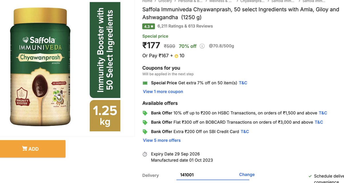 DealsWorthWatch's tweet image. #Flipkart Kilos #Punjab-141001/14X/15X
Saffola Immuniveda Chyawanprash 1250 g
₹177 (₹599) | 70% off → fkrt.cc/h0Mnf8r

#Lucknow-226001/22XX
Paper boat Swing Coconut Water 1200 ml
₹32 (₹140) | 77% off → fkrt.cc/hGp0AOp
More such loot: t.me/DealsWorthWatc…