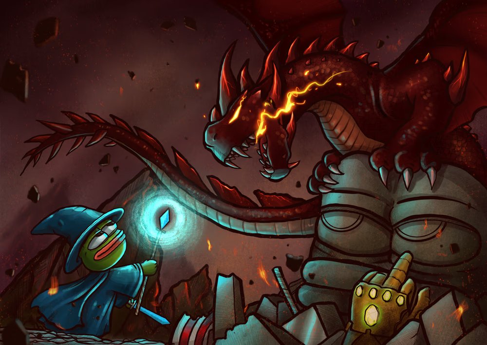 gm, frens!

"The most dangerous creation of any society is the man who has nothing to lose." - James Baldwin

Yes - Even dragons aren't safe from the newbies. The smaller in stature.

Now go take down the day.

PICTURED: Wizard Pepe and the desolation of dragon
ARTIST: <a href="/hachi_i8/">hachi_i</a>