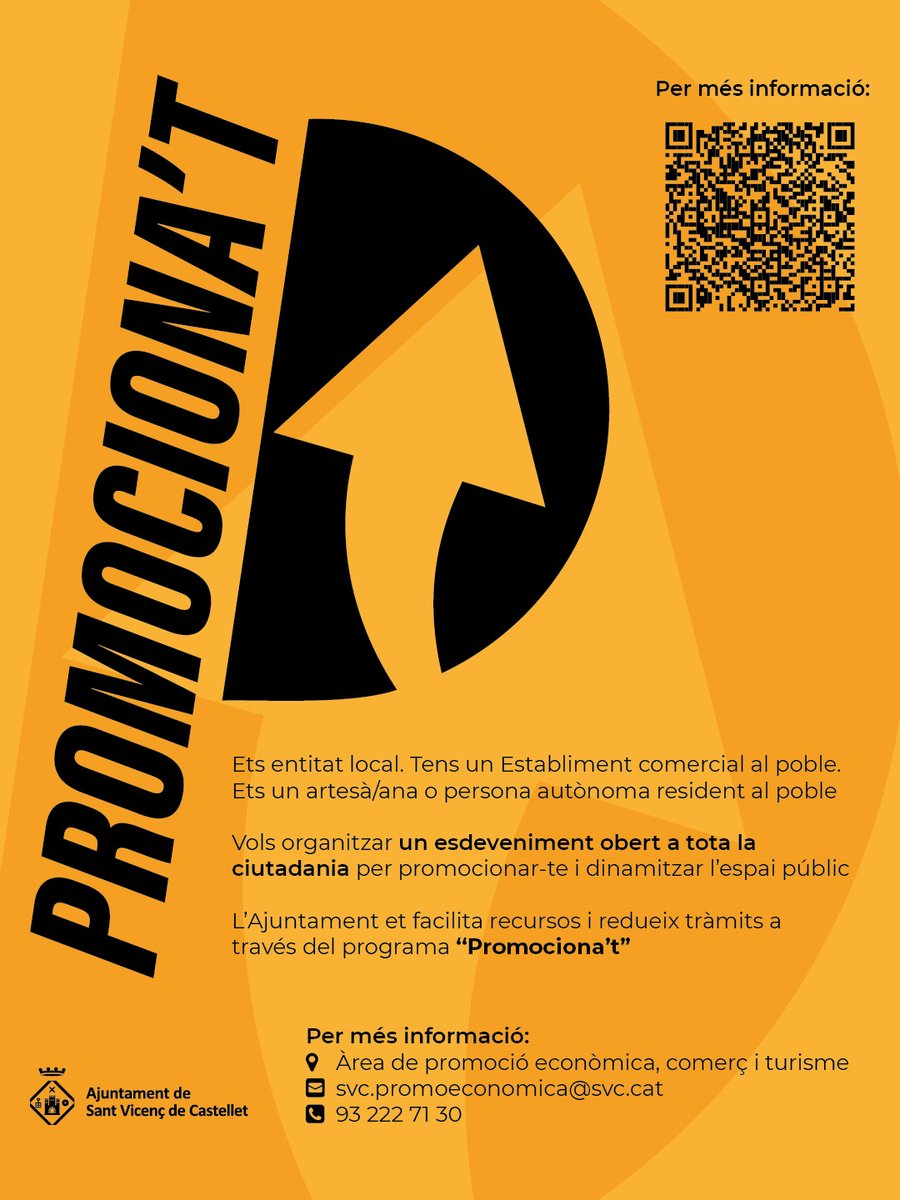 SVCastellet's tweet image. 📢 L’Ajuntament de #SVC impulsa el programa 👉 ‘Promociona’t’, una nova iniciativa adreçada a 🛍️ comerços, artesans i professionals autònoms del municipi.

✔️ L’objectiu és facilitar la promoció de la seva activitat mitjançant recursos municipals.

ℹ️ shorturl.at/5gfFz