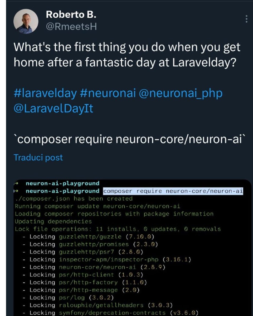 neuronai_php's tweet image. The energy at Laravel Day Verona was incredible!
Right after Valerio’s talk, developers jumped online:

💬 “composer require neuron-core/neuron-ai”
💬 “Same!”
💬 “Just digging into the docs — neuron-ai looks sooo cool!”

Thanks PHP community — this is just the beginning.
 #PHP