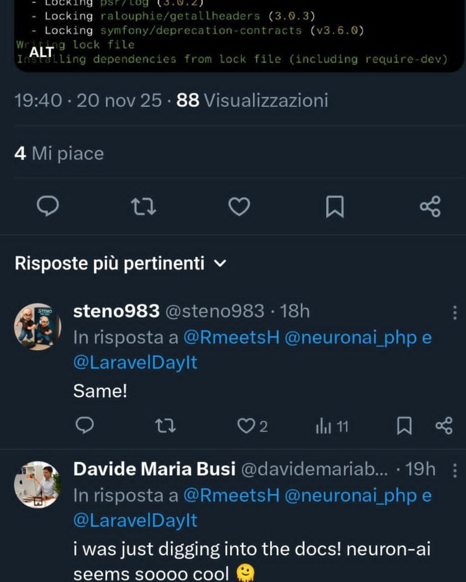 neuronai_php's tweet image. The energy at Laravel Day Verona was incredible!
Right after Valerio’s talk, developers jumped online:

💬 “composer require neuron-core/neuron-ai”
💬 “Same!”
💬 “Just digging into the docs — neuron-ai looks sooo cool!”

Thanks PHP community — this is just the beginning.
 #PHP