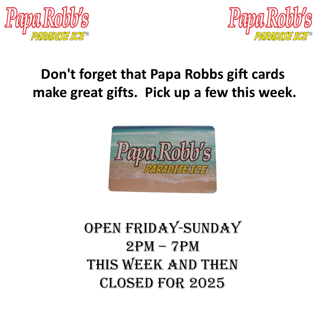 Papa_Robbs's tweet image. Don't forget that Papa Robbs gift cards make great gifts. Pick up a few this week before we close for 2025.
Our mobile units are available all winter for all parties, special events. Give us a call to book now - 704/ 425-5552. or email robb@paparobbs.com.