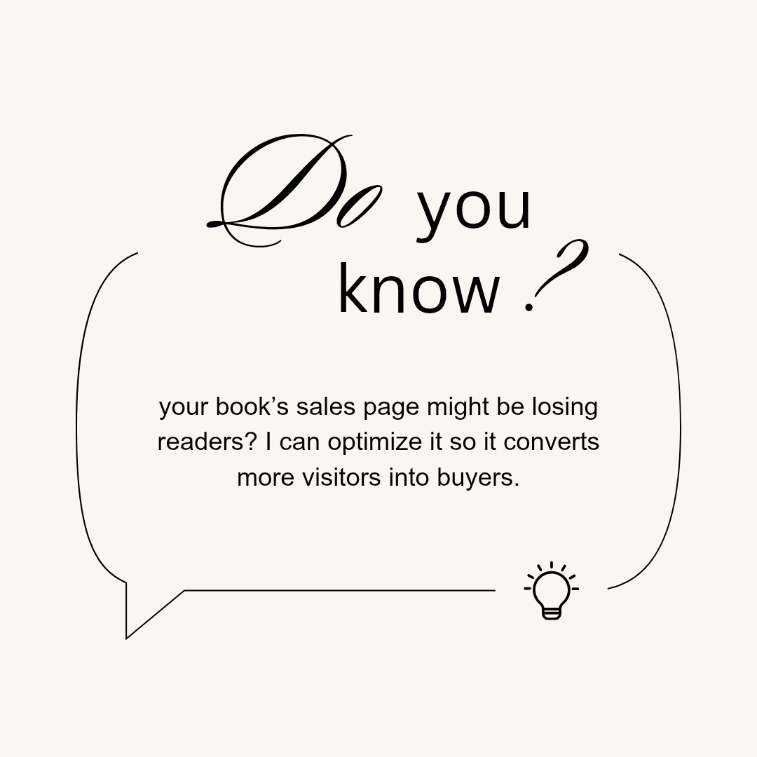 Aboderin_expert's tweet image. Do you know your book’s sales page might be losing readers? I can optimize it so it converts more visitors into buyers.
#BookSales #PublishingTips #SelfPublishing