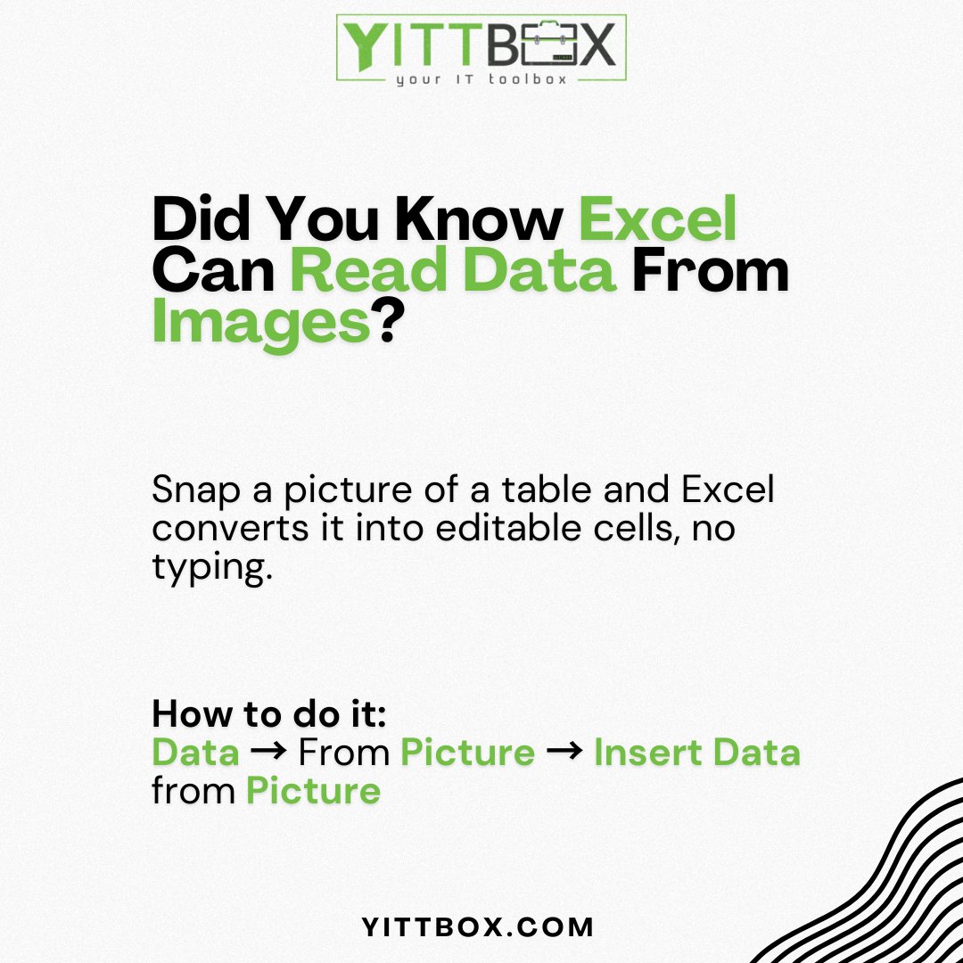 yittbox's tweet image. Just snap a picture of a table and let Excel convert it into editable cells, no typing, no manual entry, just instant data. 📊⚡

#ExcelTips #MicrosoftExcel #DataProductivity #SpreadsheetSkills #DataEntryAutomation #ExcelForBusiness #WorkSmarter #BusinessTools #ExcelExperts