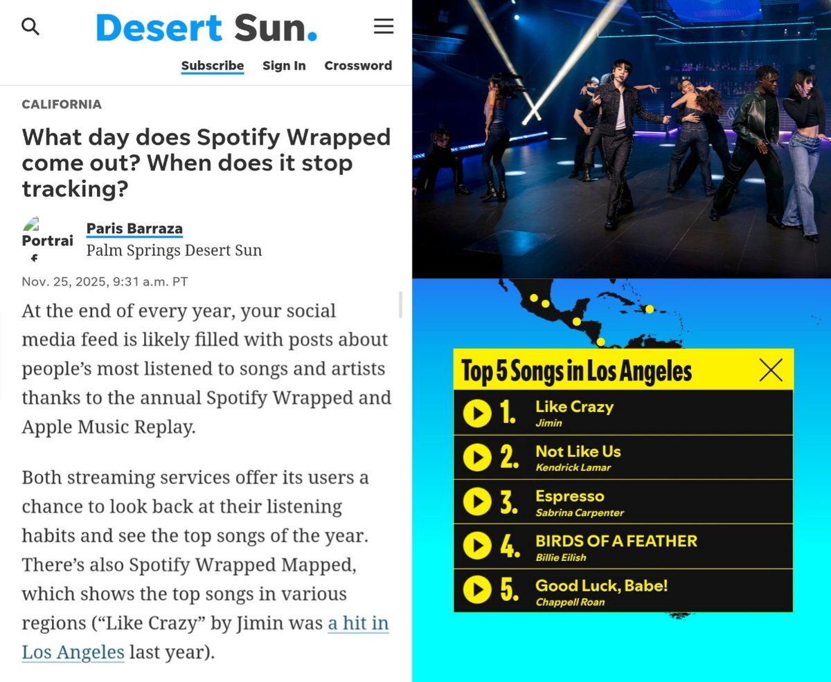 미국 캘리포니아를 기반으로 하는 일간지 [The Desert Sun]에서 'Spotify Wrapped'에 관한 기사를 발행하며 지민의 "Like Crazy"에 대해 언급하였습니다.

".. 사용자들에게 자신의 청취 습관을 되돌아보고 올해 최고의 노래들을 볼 수 있는 기회를 제공합니다. 또한 다양한 지역의 인기곡들을