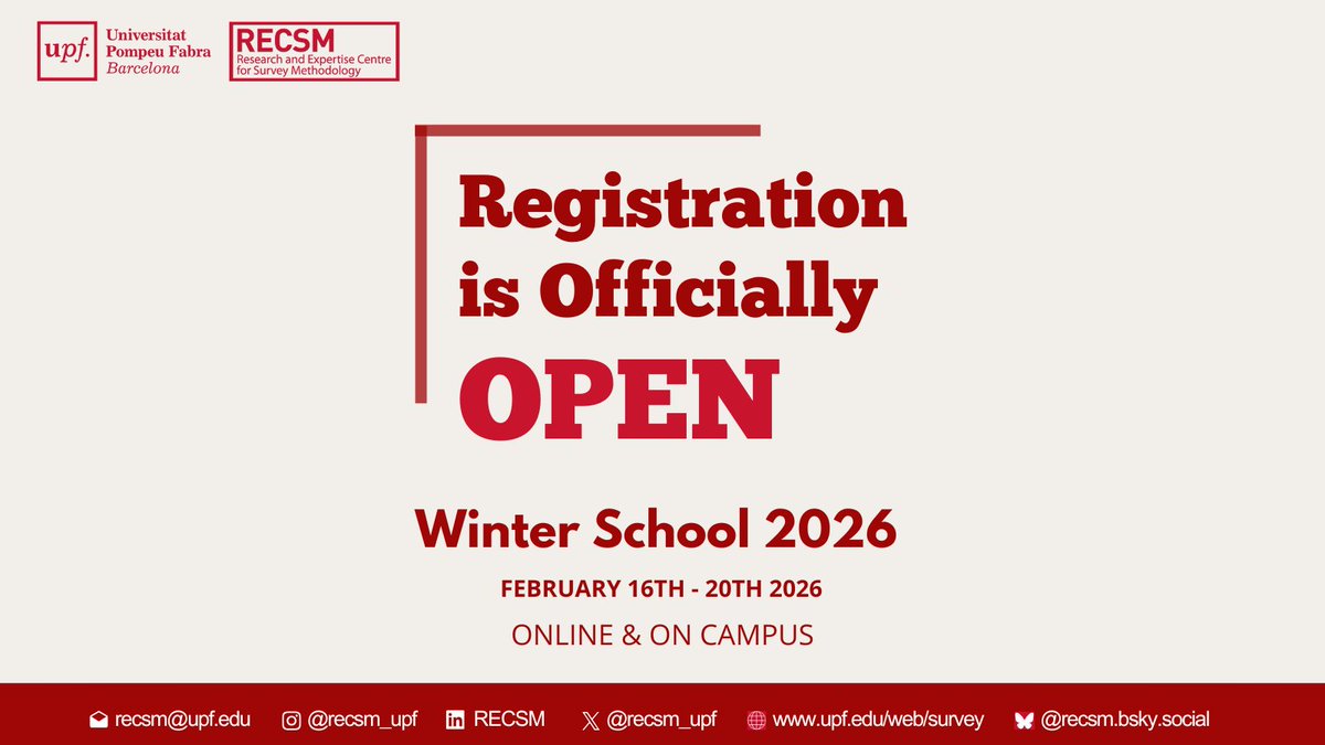 RECSM_UPF's tweet image. We are excited to announce that Winter School 2026 is officially open!

Ready to learn from experts in research methods? Head to our website using the link in our bio for more information and to sign up for classes.

#research #methods #socialscience #upf