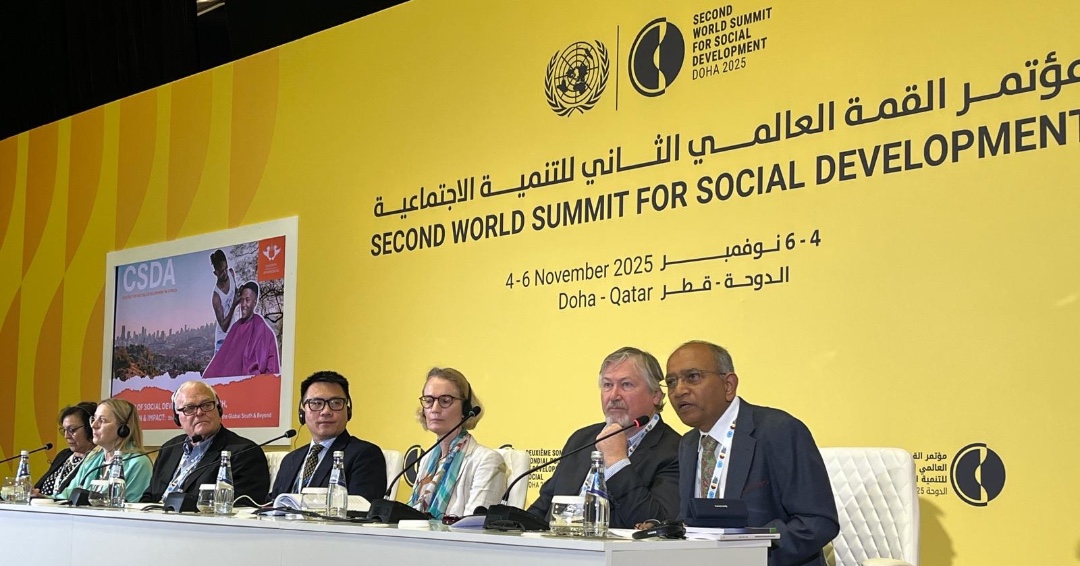 UNRISD's tweet image. At #WSSD2, ICSD, UNRISD &amp;amp; partners—including Katja Hujo, Leila Patel, Michael Sherraden, Jin Huang, Srinivas Tata, Stephen Kidd &amp;amp; Manohar Pawar—showcased how research, advocacy &amp;amp; practice accelerate social development, universal social protection &amp;amp; inclusive futures 🌍