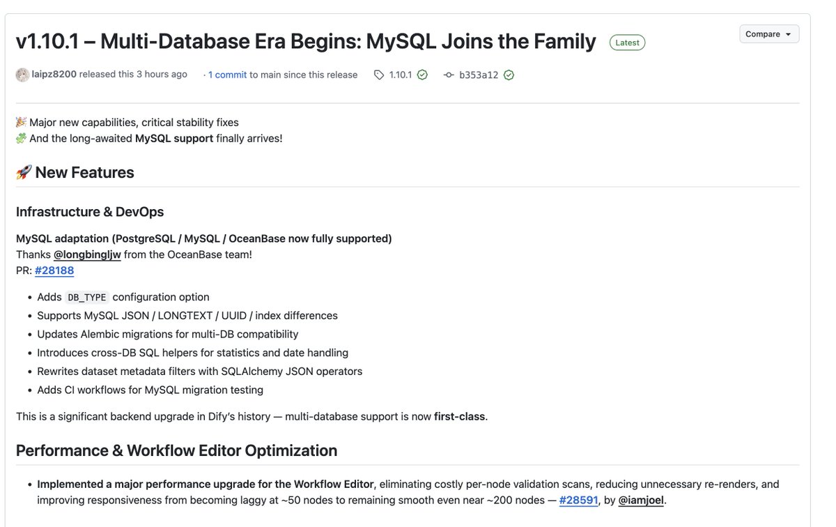 Stv_Lynn's tweet image. OceanBase 成员近期向 Dify 提交了一个 PR，已合并进 v1.10.1， 该版本支持 PostgreSQL + MySQL，并把相关 SQL/迁移/CI 都做了多数据库适配。

新增 DB_TYPE 配置：postgresql | mysql | oceanbase，在 .env.example 和 DatabaseConfig 里都支持配置。

未来部署 Dify 时，不再被 PG 绑定死，可以选…