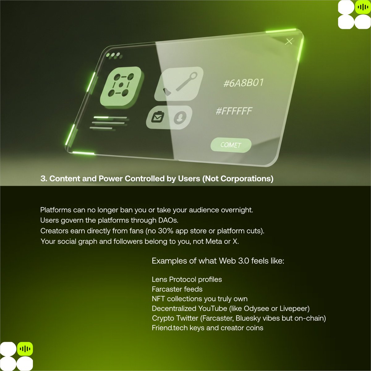 Web3Discuss's tweet image. In Web3, you truly own your digital assets. Non-Fungible Tokens (NFTs) let you buy, sell, and prove ownership of unique items like art or music. 

Cryptocurrencies and tokens give you a stake in projects or communities. Say goodbye to platforms owning your content—hello, real…