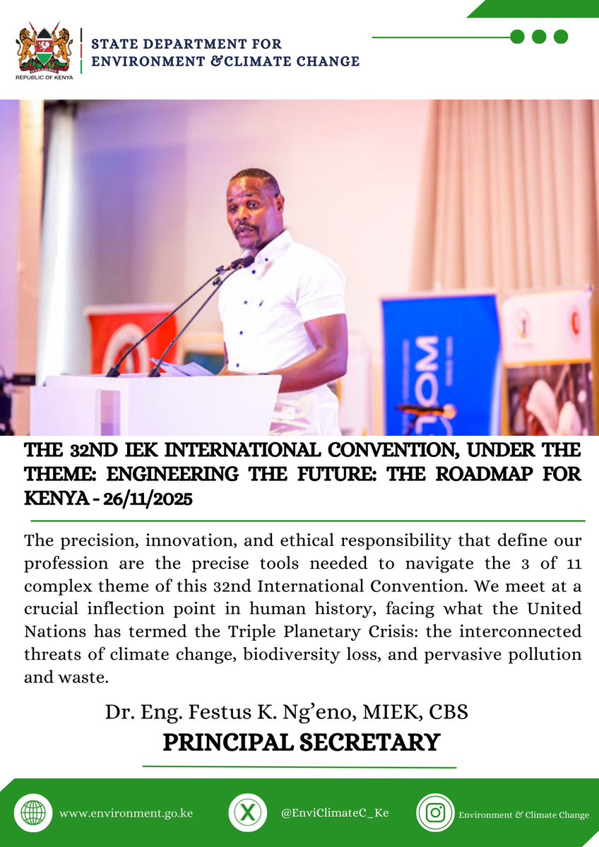 EnviClimateC_Ke's tweet image. The precision, innovation, and ethical responsibility that define our profession are the precise tools needed to navigate the 3 of 11 complex theme of this 32nd International Convention. We meet at a crucial inflection point in human history, facing what the United Nations has…