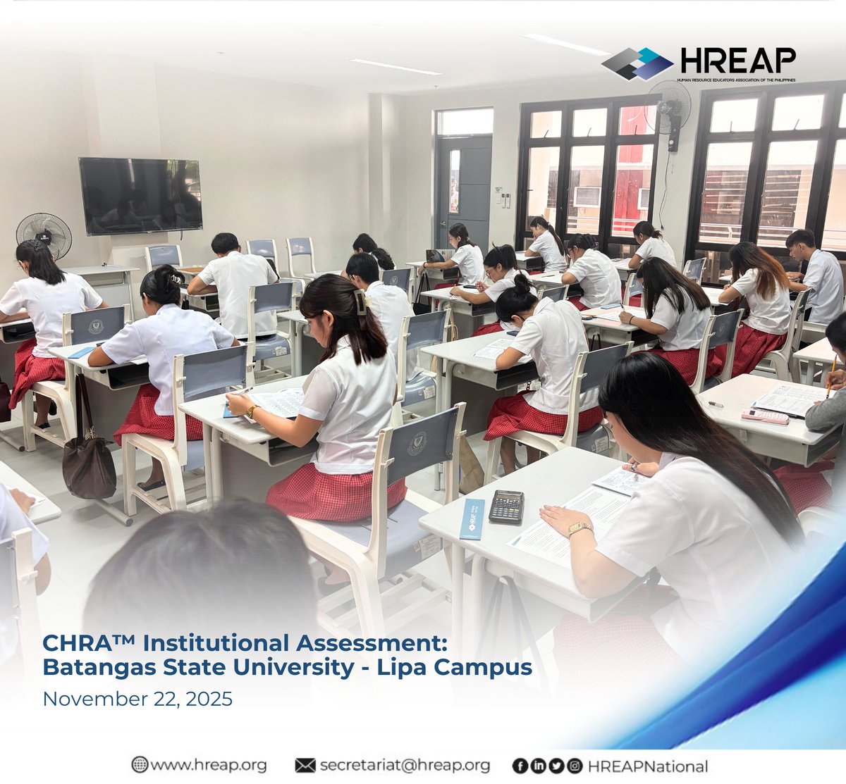 HREAPNational's tweet photo. The students from Batangas State University - Lipa Campus took a step towards professional growth during the Certified Human Resource Associate (CHRA)™ Institutional Assessment on November 22, 2025.
#CHRA #CertifiedHumanResourceAssociate #HREAP #BatStateULipa #Upskilling https://t.co/REl6zOjMYd