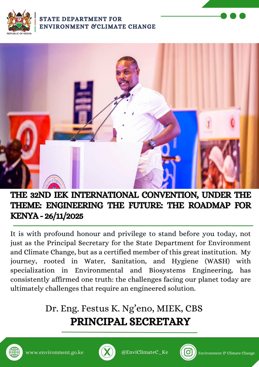 EnviClimateC_Ke's tweet image. It is with profound honour and privilege to stand before you today, not just as the Principal Secretary for the State Department for Environment and Climate Change, but as a certified member of this great institution.  My journey, rooted in Water, Sanitation, and Hygiene (WASH)…
