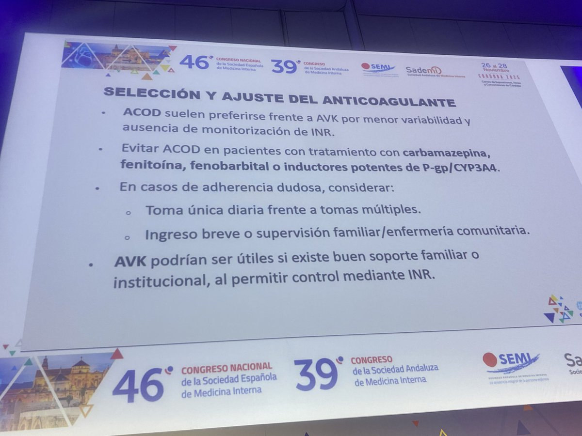 ¿Cómo elegir el anticoagulante en pacientes con enfermedades psiquiátricas?

Dra. Sanchez del Hoyo en #46SEMI 

➡️ Prefencia de ACOD frente a AVK

➡️Revisar interacciones de los fármacos

➡️ Siempre tener en cuenta la esfera socio familiar del paciente