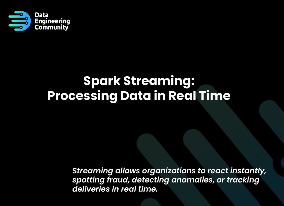 data_dec's tweet image. 💡 𝐒𝐩𝐚𝐫𝐤 𝐒𝐭𝐫𝐞𝐚𝐦𝐢𝐧𝐠: 𝐏𝐫𝐨𝐜𝐞𝐬𝐬𝐢𝐧𝐠 𝐃𝐚𝐭𝐚 𝐢𝐧 𝐑𝐞𝐚𝐥 𝐓𝐢𝐦𝐞

Traditional analytics works in batches, but many modern systems generate continuous data streams. Think of banking transactions, IoT sensors, or live website clicks.