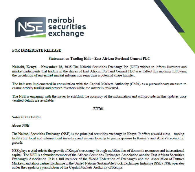 NSE_PLC's tweet photo. We wish to inform investors and market participants that trading in the shares of East African Portland Cement PLC was halted this morning following the circulation of unverified market information regarding a potential share transfer. https://t.co/Qrt986aHta