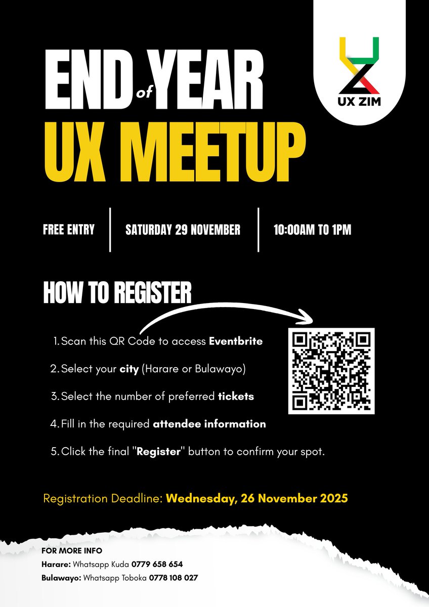 Alright, everyone, here is the quick and easy guide to make sure you’re locked in for the meetup happening in Harare and Bulawayo. 👇

Click here to reserve your spot
eventbrite.co.uk/e/ux-zimbabwe-…