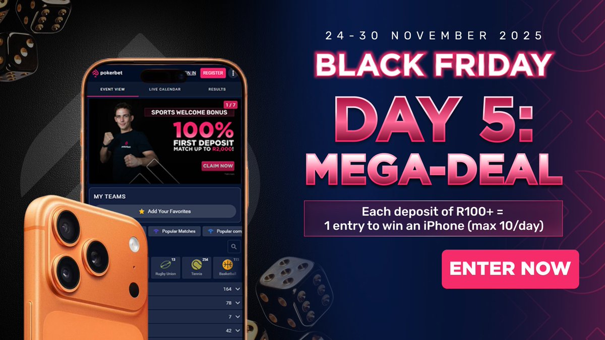 😎 7 Days. 7 Deals. 1 iPhone 17 Pro to WIN. 📲

It’s Black Friday Week and every day brings a new way to score.

🎰 From 24–30 November, unlock daily rewards like Free Spins, Free Bets, Bonus Matches and more.

🚨 And here’s the big one: make a R100+ deposit and you’ll be entered