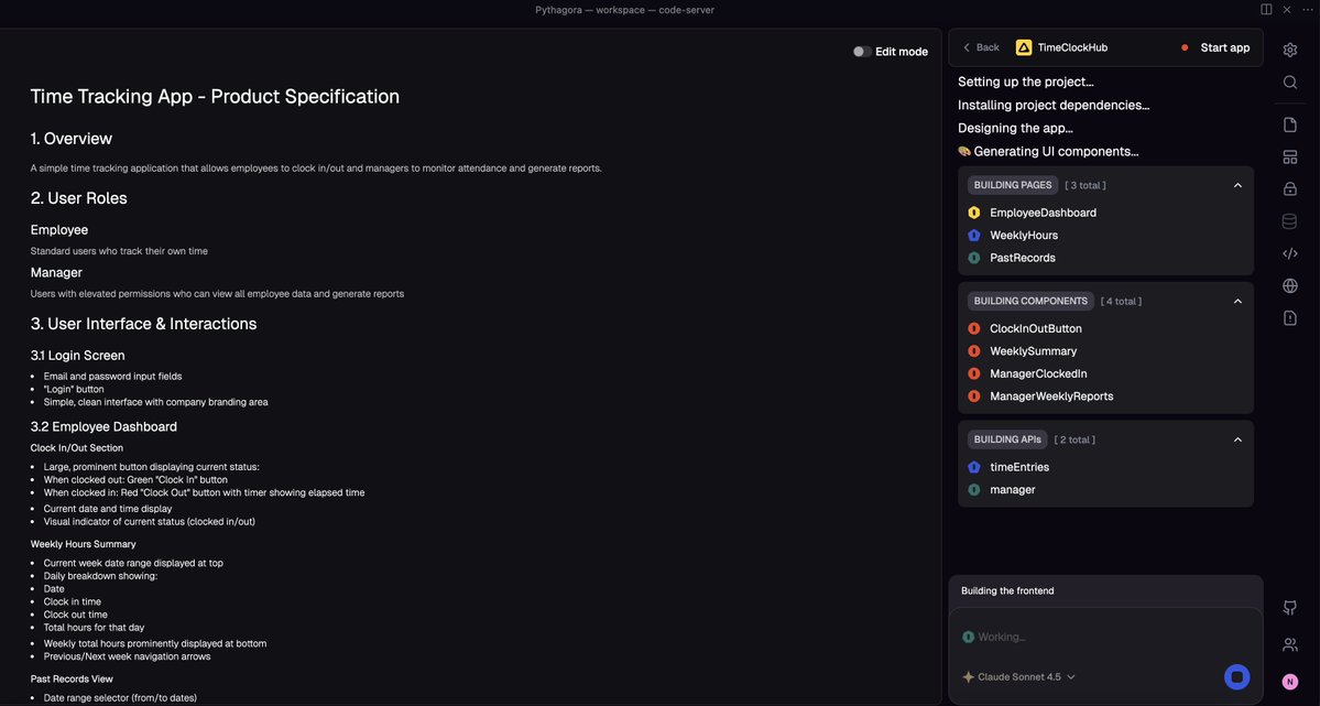 PythagoraAI's tweet image. # Time Tracking App Requirements

- Employees:
    - clockIn(): one-click clock in
    - clockOut(): one-click clock out
    - viewWeeklyHours()
    - viewPastRecords()

- Managers:
    - viewCurrentlyClockedIn()
    - viewWeeklyReports()
    - exportReports()

# System Behavior…