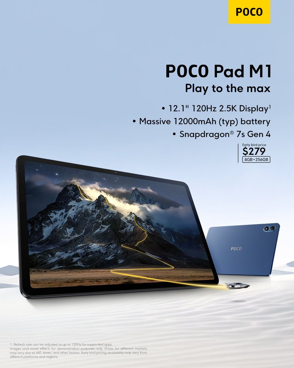 TechHome100's tweet image. POCO Pad M1 launched globally 🌏 

🔹 12.1&quot; 2.5K 120Hz LCD Display 
🔹 Snapdragon 7sGen4 
🔹 12000mAh🔋+ 33W⚡
🔹 27W⚡ Reverse Charging 
🔹 4 Speakers, Expandable Storage up to 2TB 

Price 💰 329$ ~ 8+256GB
#POCO #POCOPadM1