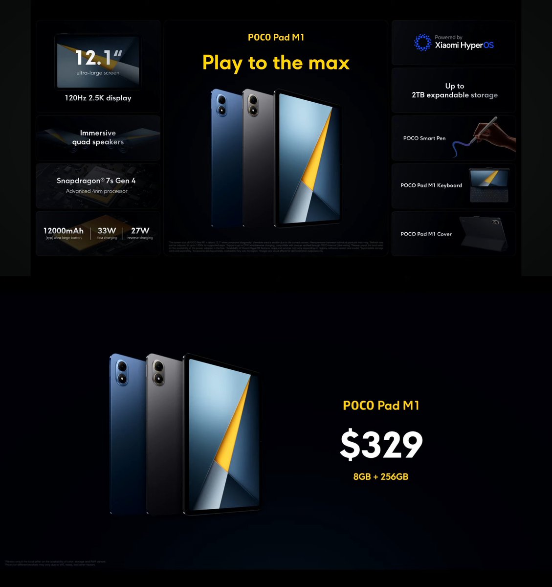 TechHome100's tweet image. POCO Pad M1 launched globally 🌏 

🔹 12.1&quot; 2.5K 120Hz LCD Display 
🔹 Snapdragon 7sGen4 
🔹 12000mAh🔋+ 33W⚡
🔹 27W⚡ Reverse Charging 
🔹 4 Speakers, Expandable Storage up to 2TB 

Price 💰 329$ ~ 8+256GB
#POCO #POCOPadM1