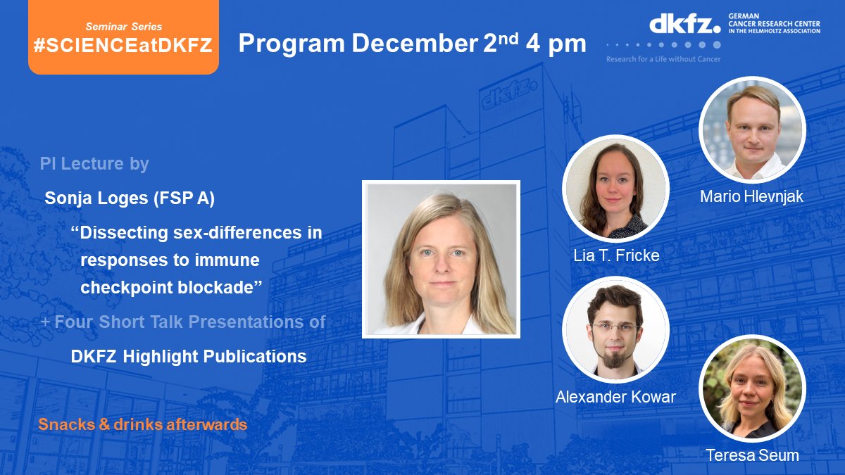 DKFZ's tweet image. The next #ScienceatDKFZ event will take place on Tuesday, 02 December 2025, at 4 pm. In addition to the keynote lecture by Sonja Loges, there will be four 5-minute short talks by DKFZ junior scientists on recent highlight publications.
➡️ dkfz.de/en/news/events…