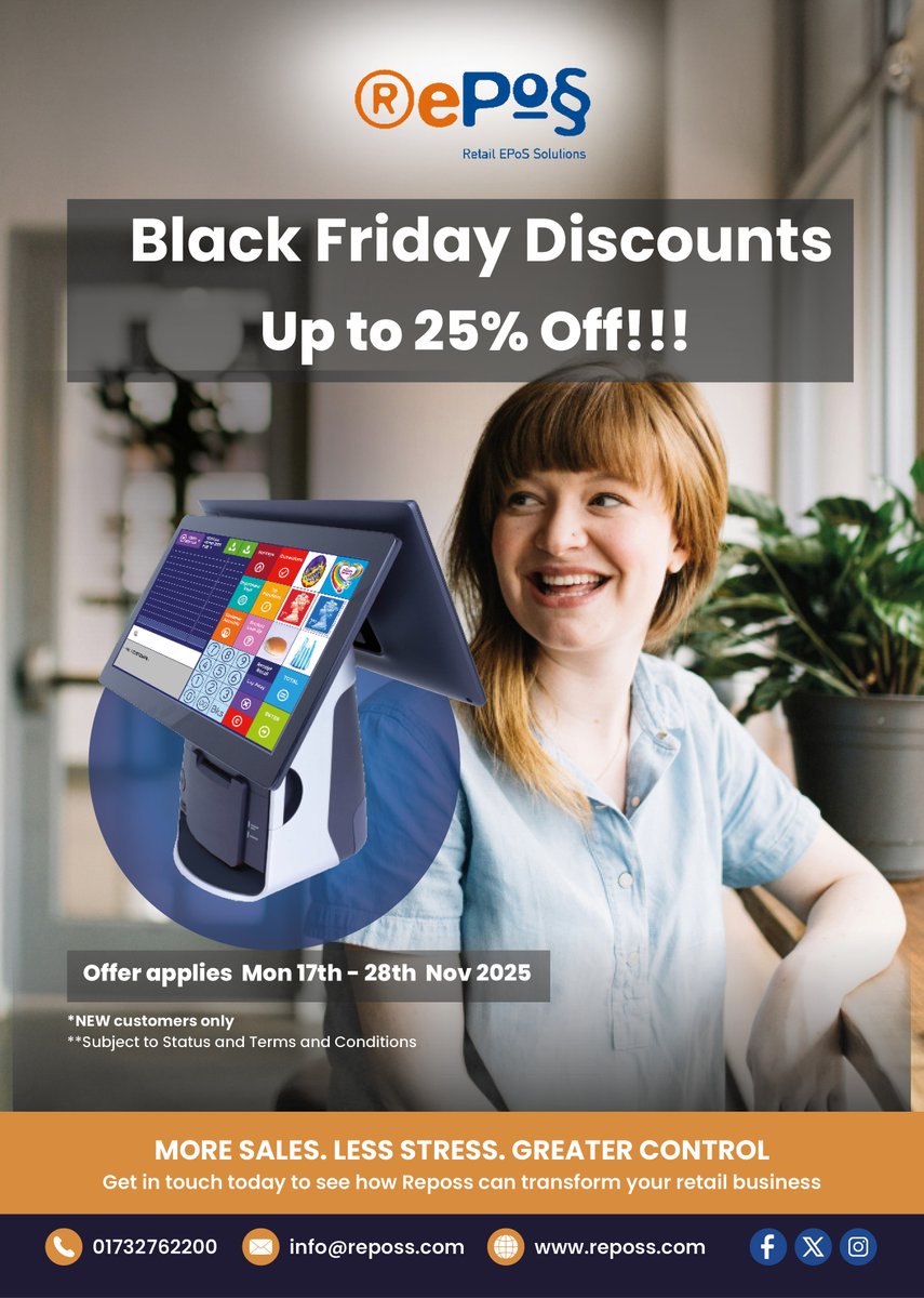 Reposs's tweet image. Black Friday Deals - Offer expires on Friday 28th November 2025. New Customers only up to 25% off NEW SYSTEM DEALS. CALL US ON 01732 762200 #EPOS #BLACKFRIDAY #DEALS