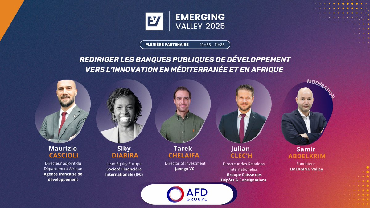 🏦 Plénière Partenaire – “Rediriger les banques publiques de développement vers l’innovation en Méditerranée et en Afrique”

Un panel d’experts et acteurs financiers débattre des stratégies pour orienter les investissements publics vers l’innovation et le développement durable
