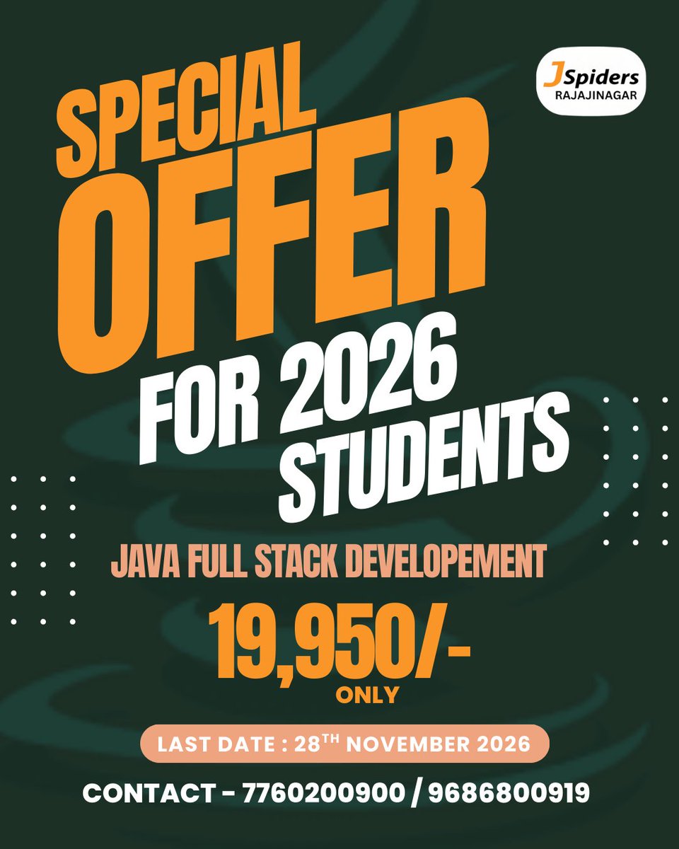 JRajajinagar's tweet image. Special Offer Alert! 
Java Full Stack Development at just ₹19,950/-
Last Date: 28th November

Don’t miss this limited-time opportunity 
Enroll now and secure your seat!
📞 7760200900 / 9686800919

#SpecialOffer #JavaFullStack #FullStackDeveloper #LimitedOffer #LastDate
