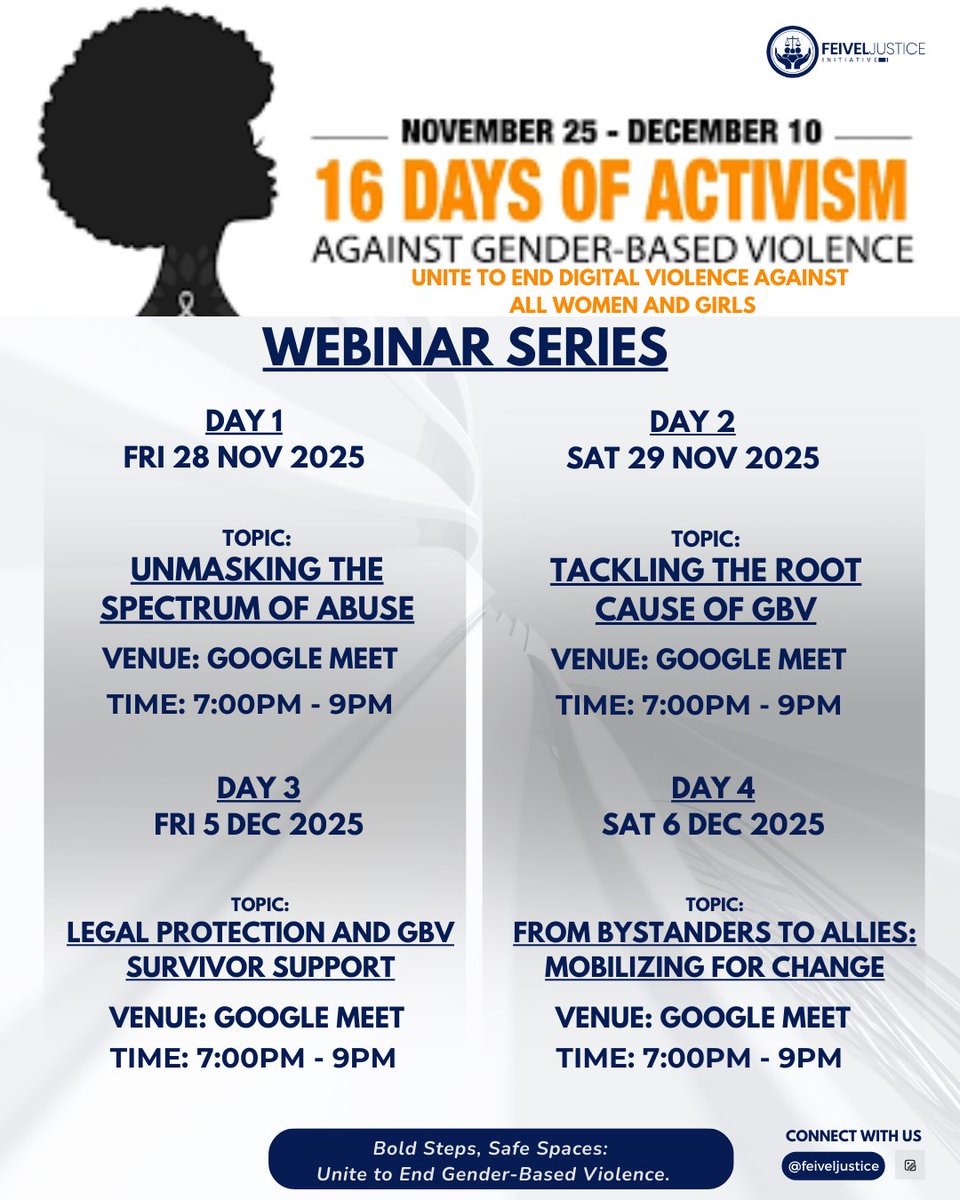 It starts with awareness. 
It grows with courage. 
It transforms with collective action.

Be part of our free webinar series during the 16 Days of Activism as we address the realities of abuse, legal rights, survivor support, and how every one of us can be a part of the solution.