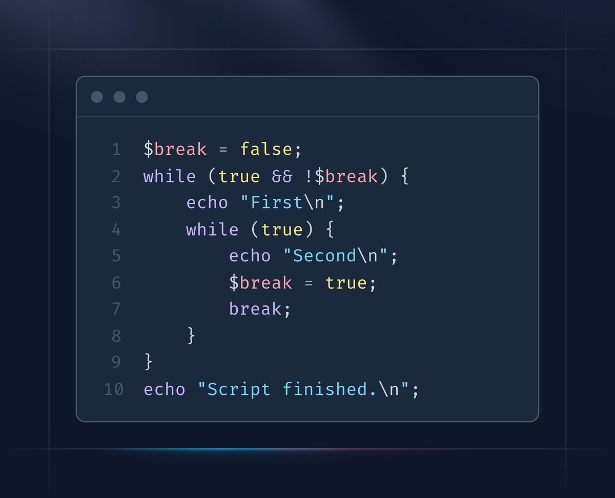 lukas_caha's tweet image. Today I learned PHP solved problem I was encountering in C# a lot. Nested loop break-outs.

In PHP you can write break 2; instead of needing additional flag for each loop you need to break out of.