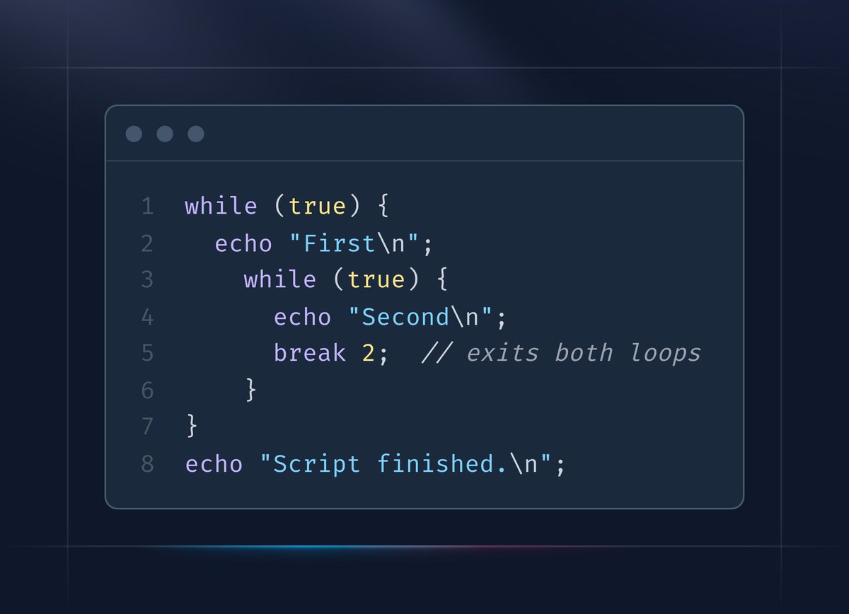 lukas_caha's tweet image. Today I learned PHP solved problem I was encountering in C# a lot. Nested loop break-outs.

In PHP you can write break 2; instead of needing additional flag for each loop you need to break out of.