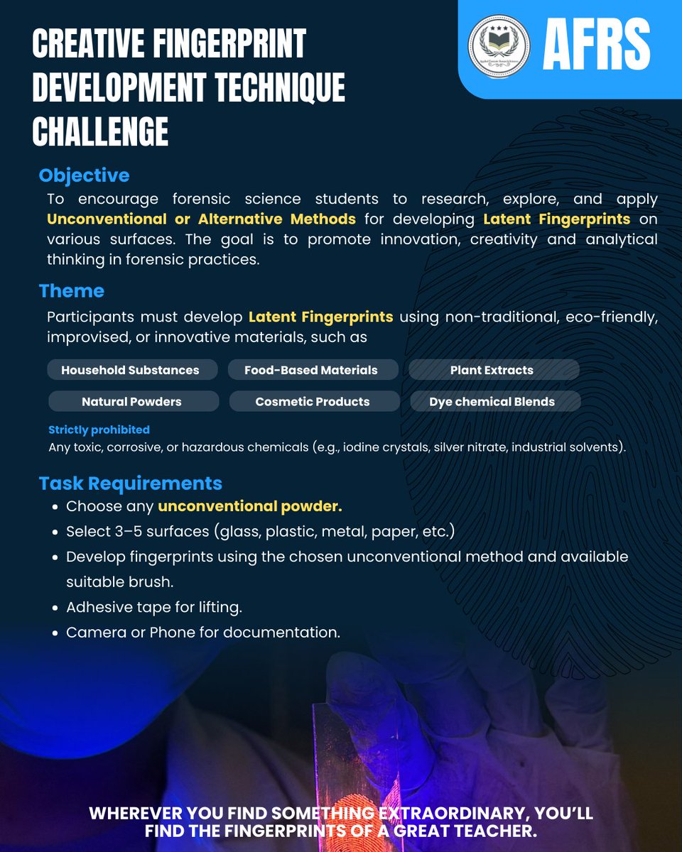 ForensicFor's tweet image. Creative Fingerprint Development Challenge 🕵️‍♂️📸 

Registration 
UG/PG Students: ₹499
Research Scholars: ₹599
Team entries (2–3 members) allowed — single group payment

🌎 Register now forms.gle/oTWbEKd2HuLUDc…

🌐 𝗔𝗙𝗥𝗦 – Where forensic creativity meets scientific excellence