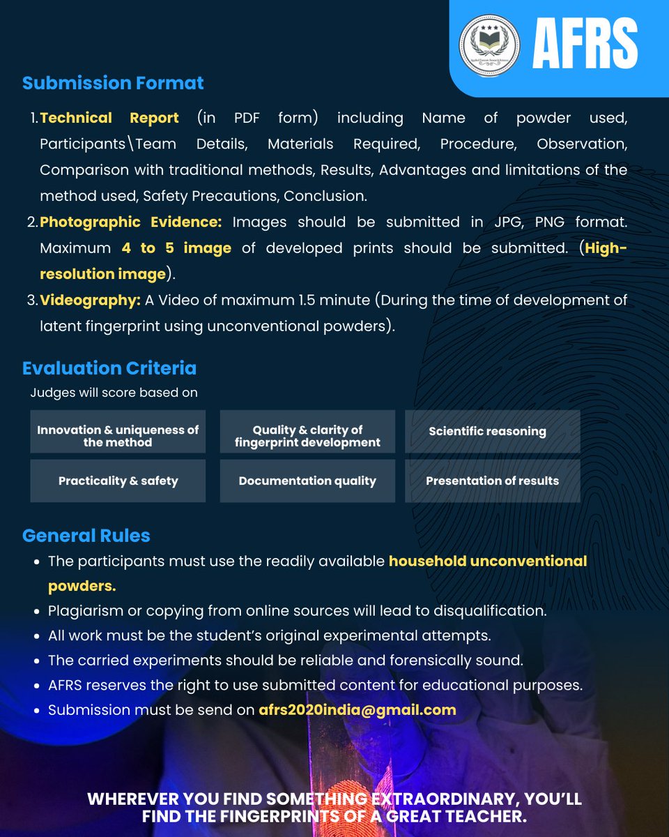 ForensicFor's tweet image. Creative Fingerprint Development Challenge 🕵️‍♂️📸 

Registration 
UG/PG Students: ₹499
Research Scholars: ₹599
Team entries (2–3 members) allowed — single group payment

🌎 Register now forms.gle/oTWbEKd2HuLUDc…

🌐 𝗔𝗙𝗥𝗦 – Where forensic creativity meets scientific excellence