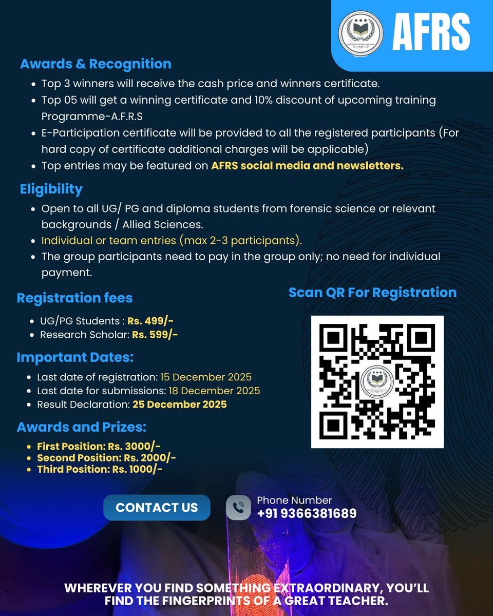 ForensicFor's tweet image. Creative Fingerprint Development Challenge 🕵️‍♂️📸 

Registration 
UG/PG Students: ₹499
Research Scholars: ₹599
Team entries (2–3 members) allowed — single group payment

🌎 Register now forms.gle/oTWbEKd2HuLUDc…

🌐 𝗔𝗙𝗥𝗦 – Where forensic creativity meets scientific excellence