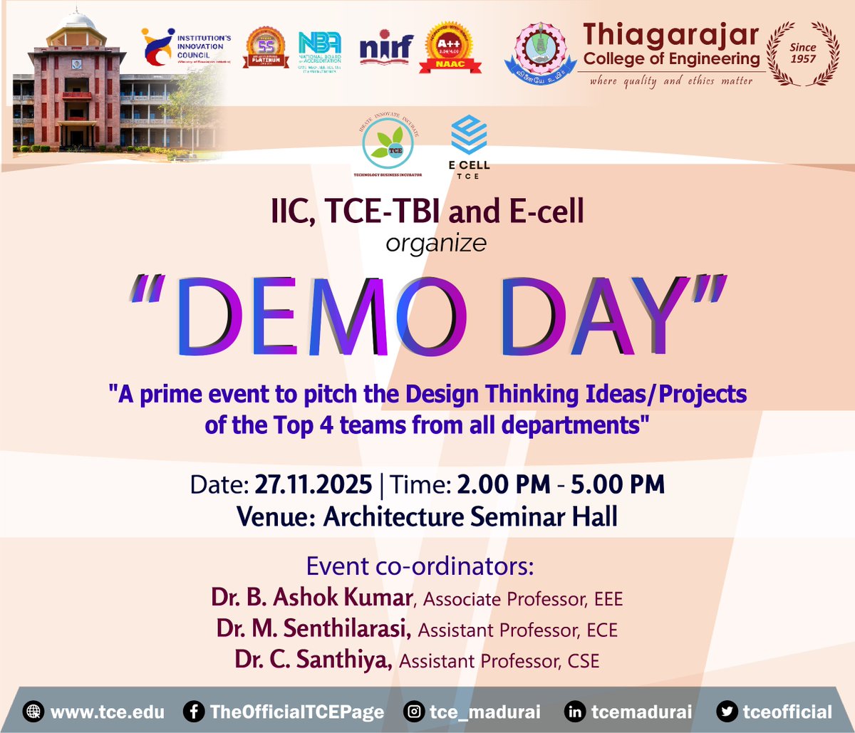 tceofficialpage's tweet image. 🚀 DEMO DAY 2025 | Thiagarajar College of Engineering 💡
Showcasing top Design Thinking projects from 4 best teams!
📅 Nov 27 | 🕑 2–5 PM | 📍 Architecture Seminar Hall
#DemoDay2025 #TCEInnovates #InnovationAtTCE #ECellTCE #TCE_TBI #IIC #TCE