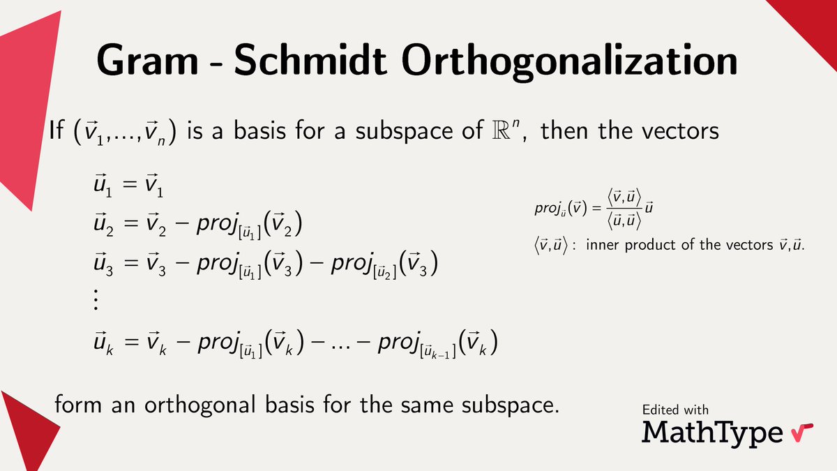 MathType's tweet image. By utilizing this algorithm, we can construct a set of orthonormal vectors from a set of linearly independent vectors that span the same space. 

#MathType #math #mathematics #mathematical #mathematician #mathproblems #mathfacts