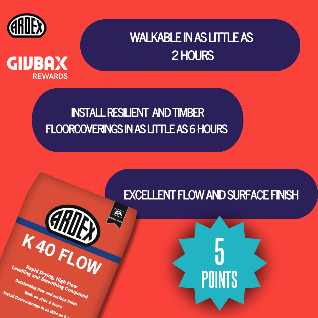 🤔 Looking for surface perfection with minimal effort for your LVT? You’re in for a treat…

✅ Get to know ARDEX K 40 FLOW — the self-leveller with ultimate flow properties

Take a look 👉 ow.ly/C0b050XurwW

#TakeTheFloor #K40FLOW #LevellingCompound #SubfloorPrep