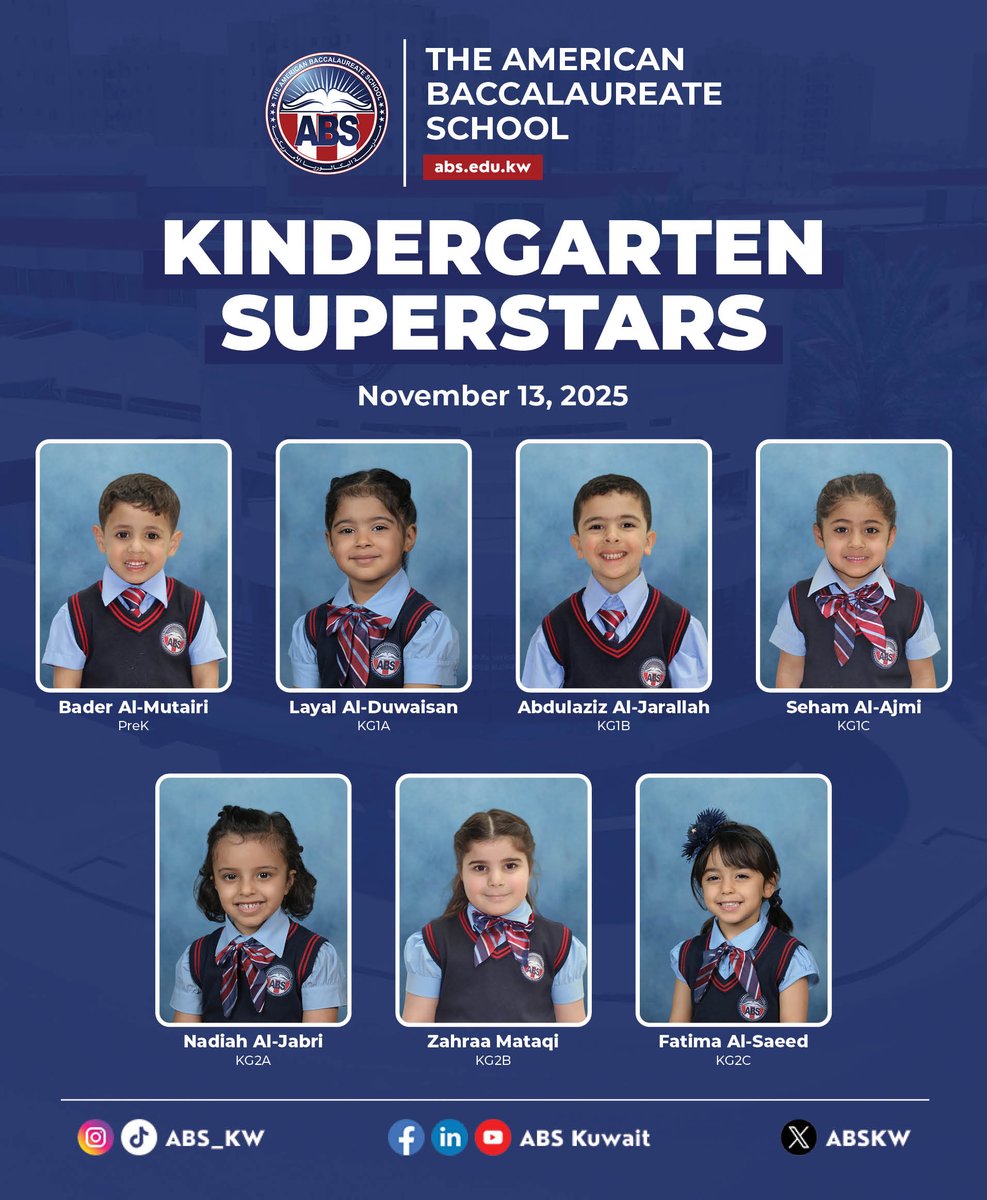 ABSKW's tweet image. Congratulations to our Kindergarten Superstars for November 2025! Your hard work, enthusiasm, and dedication shine brightly. We’re proud to celebrate your achievements and excited for more success ahead. #ABS #Kindergarten #Superstars #ABSKW #Proud #Success #StudentsShine #KG2025