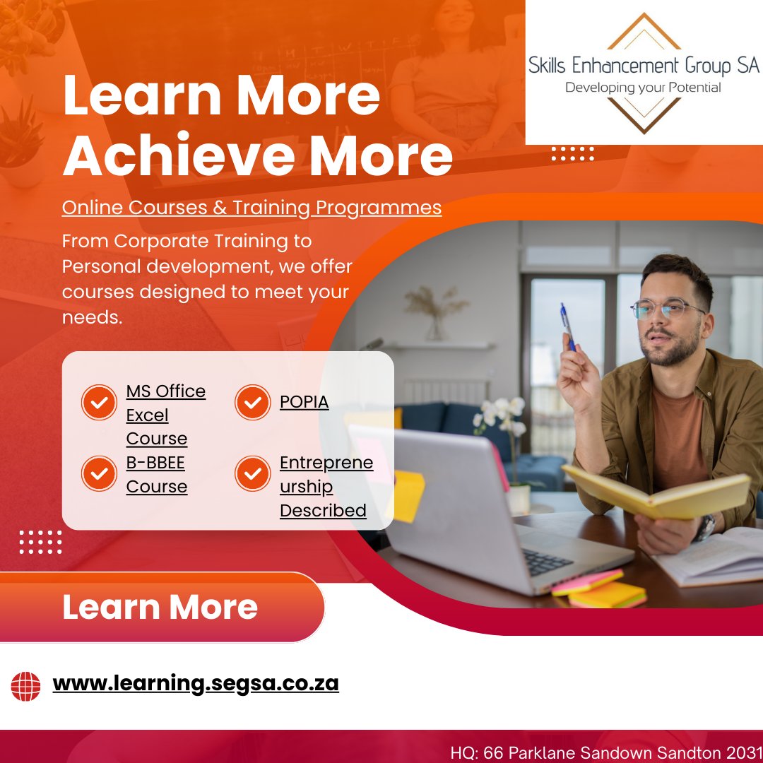 Dennis10912910's tweet image. Skills Enhancement Group SA
learning.segsa.co.za #education #training #entrepreneurship #Career #quality #onlineeducation