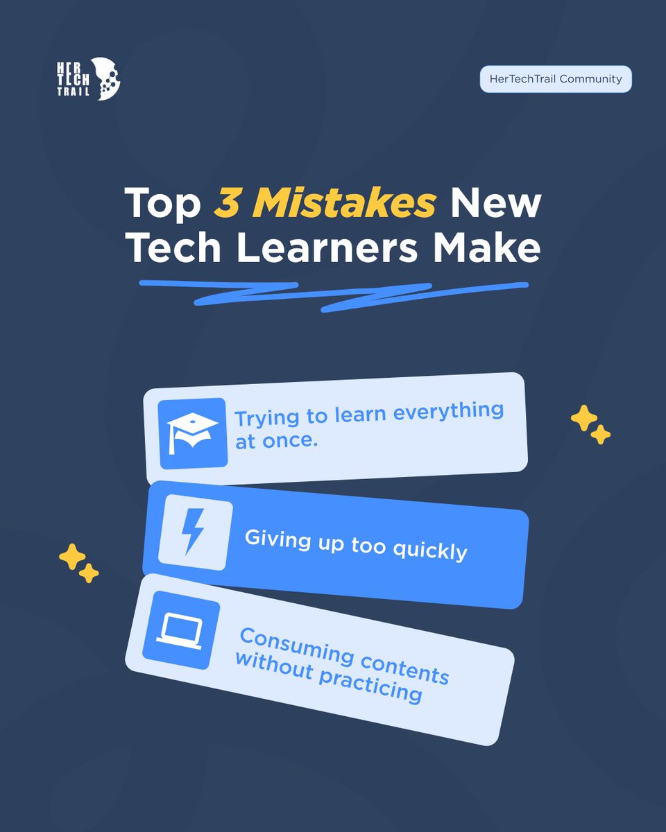 hertechtrail's tweet image. Many brilliant women in tech, especially those who are beginners, quietly sabotage their journey without even realizing it. 

If you are getting into tech, avoid these 3 common mistakes that slow your growth

#HerTechTrail#WomenInTech TechCommunity #GirlsInTech